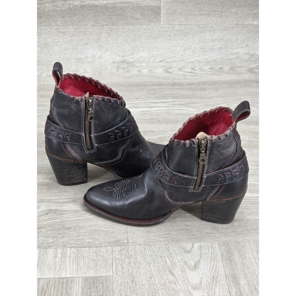 Bed Stu Tania Zip Ankle Boots Western Black/Red Women's Sz 8.5